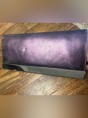 Calvin Klein Metallic Purple Leather Clutch with Polished Silver Trim